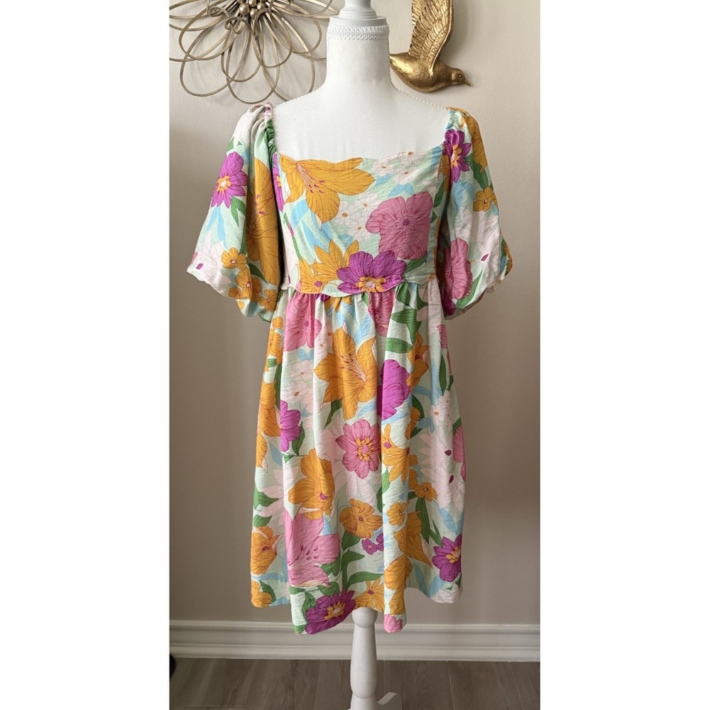 Umgee Juliet Floral Puff Sleeve Scallop Neck Mini Dress Cottagecore Sz M